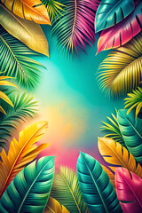 Dreamy Tropical Background. Vibrant Leaves on a Pink, Yellow, and Teal Gradient.