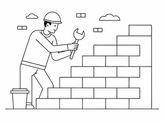 continuous single line drawing of mason building wall, bricklaying line art vector illustration
