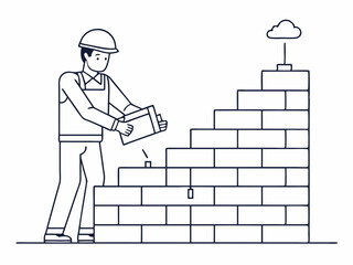 continuous single line drawing of mason building wall, bricklaying line art vector illustration
