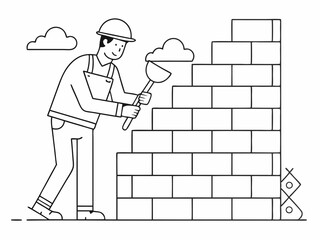 continuous single line drawing of mason building wall, bricklaying line art vector illustration
