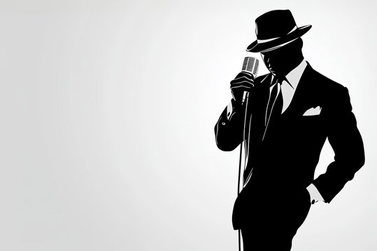 Monochromatic digital illustration of a jazz singer in a suit and hat, holding a vintage microphone