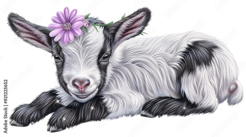 Sticker cute baby goat with flower on head