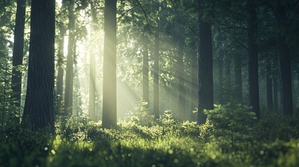 A serene pine forest with sunlight streaming through, creating a tranquil, nature-inspired background.