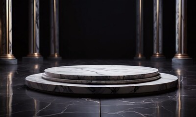 Fototapeta premium A high-end, marble podium with soft, ambient lighting, and a dark background