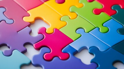 Colorful jigsaw puzzle pieces interlocked, representing teamwork, collaboration, and problem-solving.