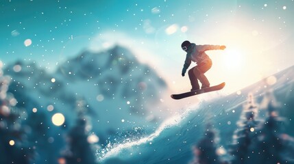 Naklejka premium A snowboarder performing a daring aerial trick, defying gravity against a backdrop of snow capped mountains.