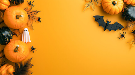 Halloween decorations including pumpkins, bats, ghosts, and spiders on a vibrant yellow background.
