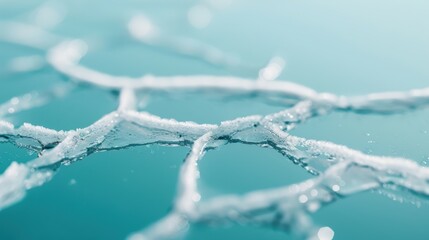 A close up of a frozen lake surface, revealing delicate cracks and fractures, highlighting the fragile beauty of ice.