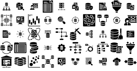Set Of Linear Data Analytic Glyph Isolated Silhouette Solid Icons With Database,Data-Storage,Data-Analytics,Storage,Server Stroke Icon Collection. Vector Illustration