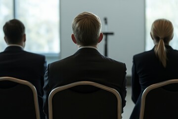 Three business professionals sit in chairs facing a speaker's podium.  They are listening attentively to a presentation.  The focus is on their backs.