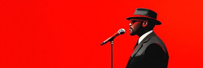 Stylized digital illustration of a jazz singer in a suit and hat, holding a microphone against a bold red background