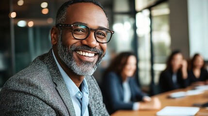 Fototapeta premium Confident Leader: A successful businessman radiates confidence and positivity in a professional setting, his genuine smile and warm gaze suggesting a welcoming and approachable personality. 