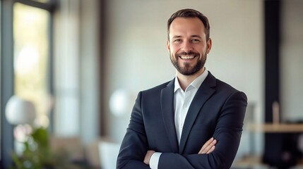 Confident Businessman Portrait: A young, bearded entrepreneur exudes confidence in a modern office setting, his genuine smile reflecting success and ambition. 