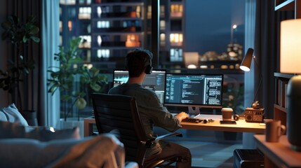 A programmer and developer sits at his computer and writes code in his home office in a chic modern apartment