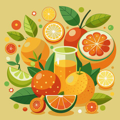 Set of citrus fruits for juice. Yellow background.