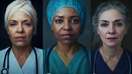 A series of close-up portraits of nurses administering care, with gentle hands and focused expressions, captured in moments of compassion.



