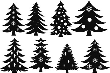Obraz premium Christmas tree silhouette collection, 8 black vector icons with snowflakes and ornaments, festive winter pine tree set for holiday greeting cards