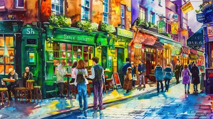 Obraz premium A vibrant portrayal of Dublin's Temple Bar district on St. Patrick's Day, with its colorful storefronts, lively street performers, and bustling crowds, all rendered in bold watercolor hues.