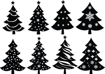 Obraz premium Christmas tree silhouette collection, 8 black pine tree icons with stars and snowflakes, festive winter holiday fir tree vector set