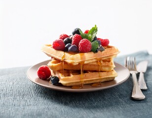 Delicious waffles with berries and syrup on table