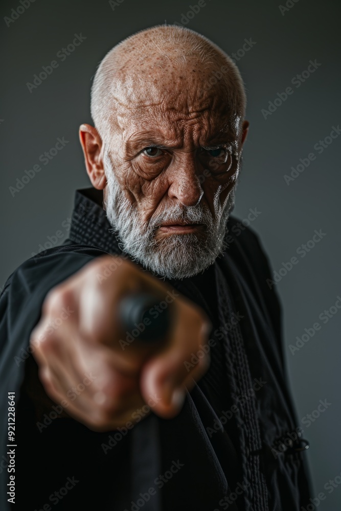 Poster senior man practicing self defense tools in a safe studio environment with determined expression