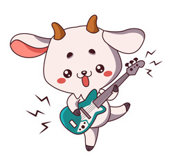 Kawaii goat strums guitar strings flat color vector illustration. Cheerful dancing goatling creates lively melody icon on white background