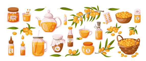 Sea buckthorn berries products 2D cartoon objects set. Healthy food and cosmetics ingredients flat line vector icons on white background