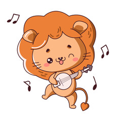 Kawaii lion plays cheerful melody on guitar flat color vector illustration. Lion cub tune brings sense of happiness icon on white background