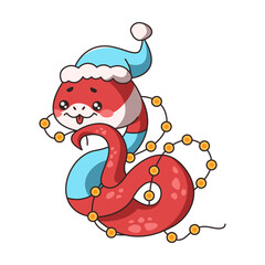 Kawaii Chinese snake adorned with festive garlands flat color image. Snake embodies spirit of celebration enhancing festive mood on white background
