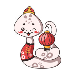 Kawaii snake holding Chinese lantern flat color vector illustration. Cute character brings dynamic element to festive season on white background