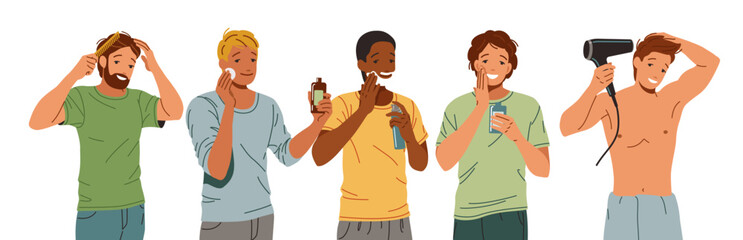 Happy young men doing cosmetic and hygienic procedures flat color vector icon set. Masculinity and selfcare illustration pack on white background