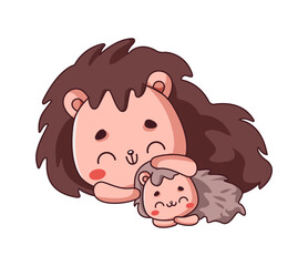 Kawaii hedgehog cub lying near mother flat color vector style. Charming forest animals family expressing love icon depicted on white background