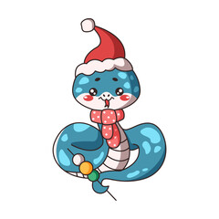 Chinese snake holding lollipop flat color vector illustration. Cute Kawaii snake brings playful and sweet touch to celebration on white background