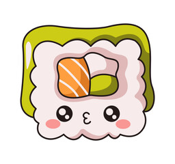 Kawaii avocado sushi roll with fish flat color vector illustration. Tasty Asian delicacy. Healthy seafood dish character on white background