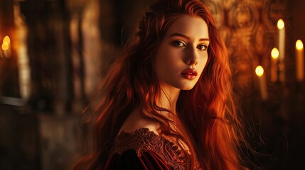 A captivating portrait of a woman with flowing red hair, set against a candlelit background, evoking mystery and enchantment.