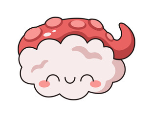Delightful sashimi with octopus on top flat color vector drawing. Playful design of seafood character with closed eyes icon on white background