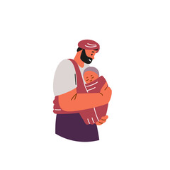 A father in a turban holds a child in a sling. Flat style, close-up of the character.