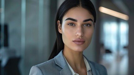 A confident businesswoman in a modern office setting, showcasing professionalism and elegance with a striking appearance.
