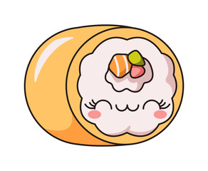 Girlish Kawaii sushi roll flat color vector illustration. Japanese food traditions. Asian seafood dinner character on white background