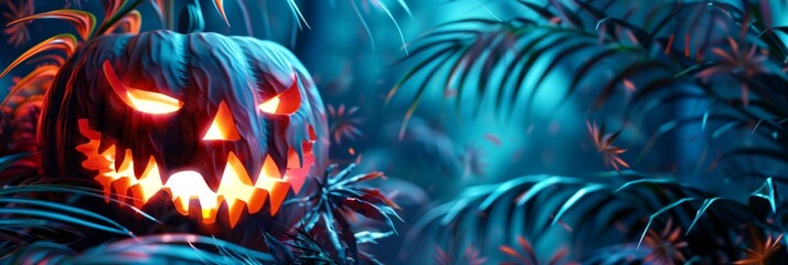 Spooky Halloween pumpkin glowing among tropical palm leaves at night