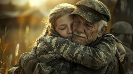 AI Image. Senior military veteran hugging his granddaughter which is female soldier