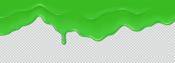 Green flowing toxic slime. Liquid wave of paint or sauce on transparent background. 3d realistic vector illustration. Halloween design. Flowing molten clot. Top horizontal border of the frame