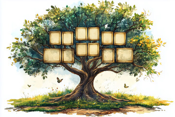 A wide nature-inspired family tree template with empty cells for user  text input