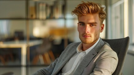 Fototapeta premium A confident young man in a stylish gray suit, sitting in a modern office, exuding professionalism and determination.