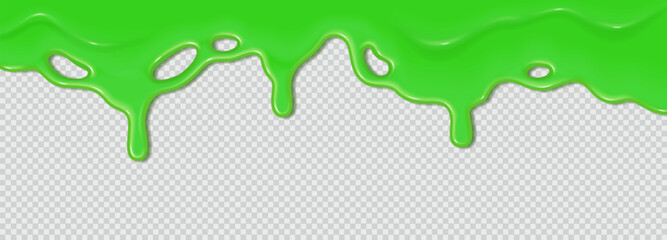 Green flowing toxic slime. Liquid wave of paint or sauce on transparent background. 3d realistic vector illustration. Halloween design. Flowing molten clot. Top horizontal border of the frame