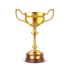 Luxury golden cup on podium realistic vector illustration. Competition winner. Metal bowl victory reward 3d object on white background