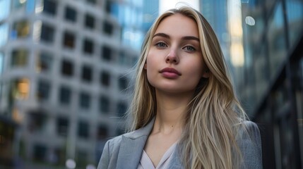 Fototapeta premium A confident young woman gazes into the camera, showcasing modern urban fashion against a backdrop of sleek skyscrapers.
