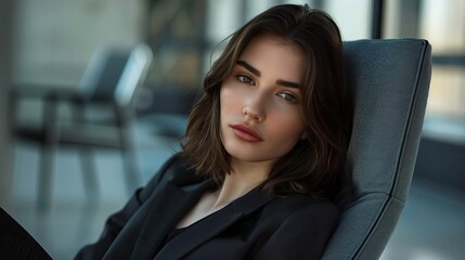 Fototapeta premium A contemplative woman sits in a modern chair, exuding confidence and grace in a stylish urban setting.