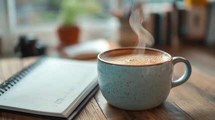 A cozy scene featuring a steaming cup of coffee beside a notepad on a wooden table, perfect for a relaxing moment.