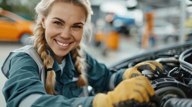 A female mechanic with braided blonde hair, smiling widely, is seen working on a car engine, demonstrating her technical skills and confidence in an automotive workshop.